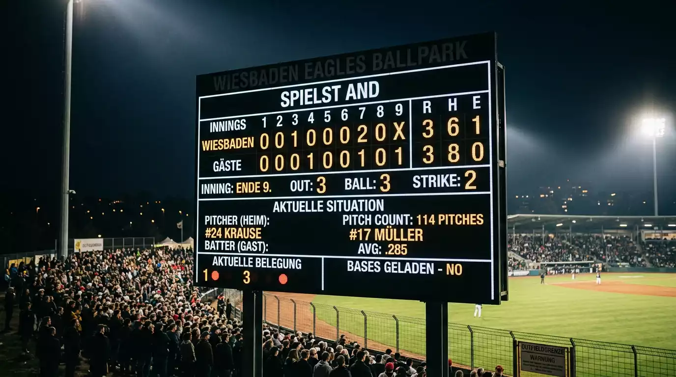 Stadion-Anzeigetafel mit Spielstand und Pitch-Count-Anzeige während eines laufenden Baseball-Spiels
