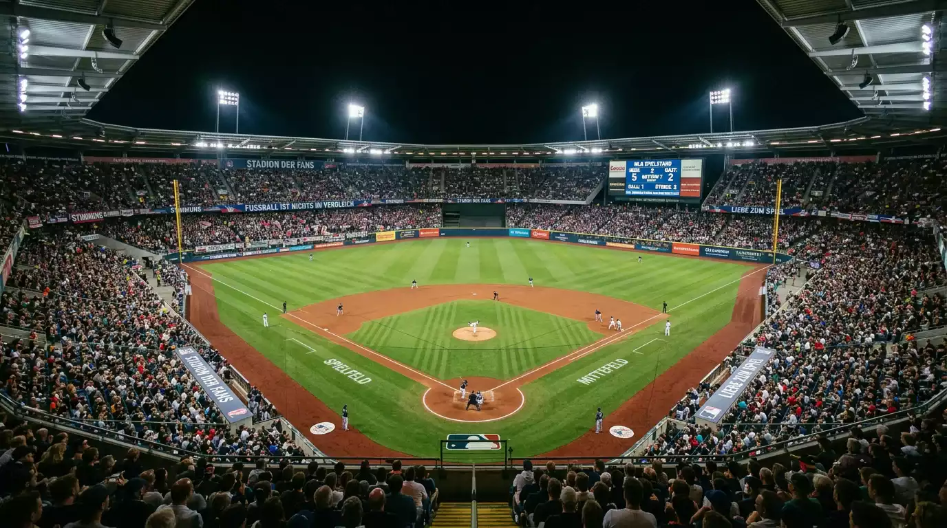 Blick auf ein MLB-Stadion mit beleuchteter Baseball-Diamond während eines Abendspiels