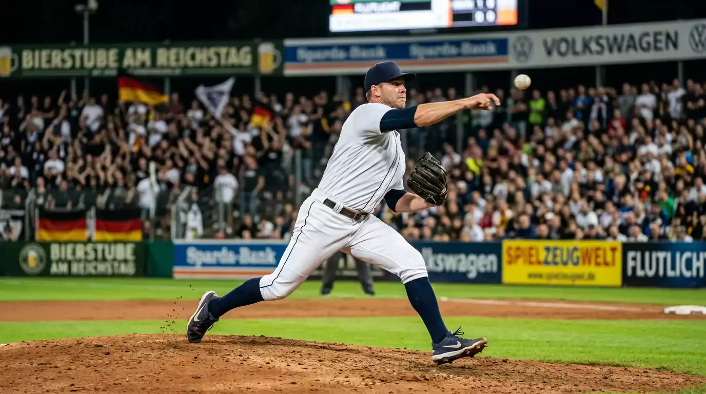 Baseball-Pitcher auf dem Mound in Wurfbewegung während eines MLB-Spiels