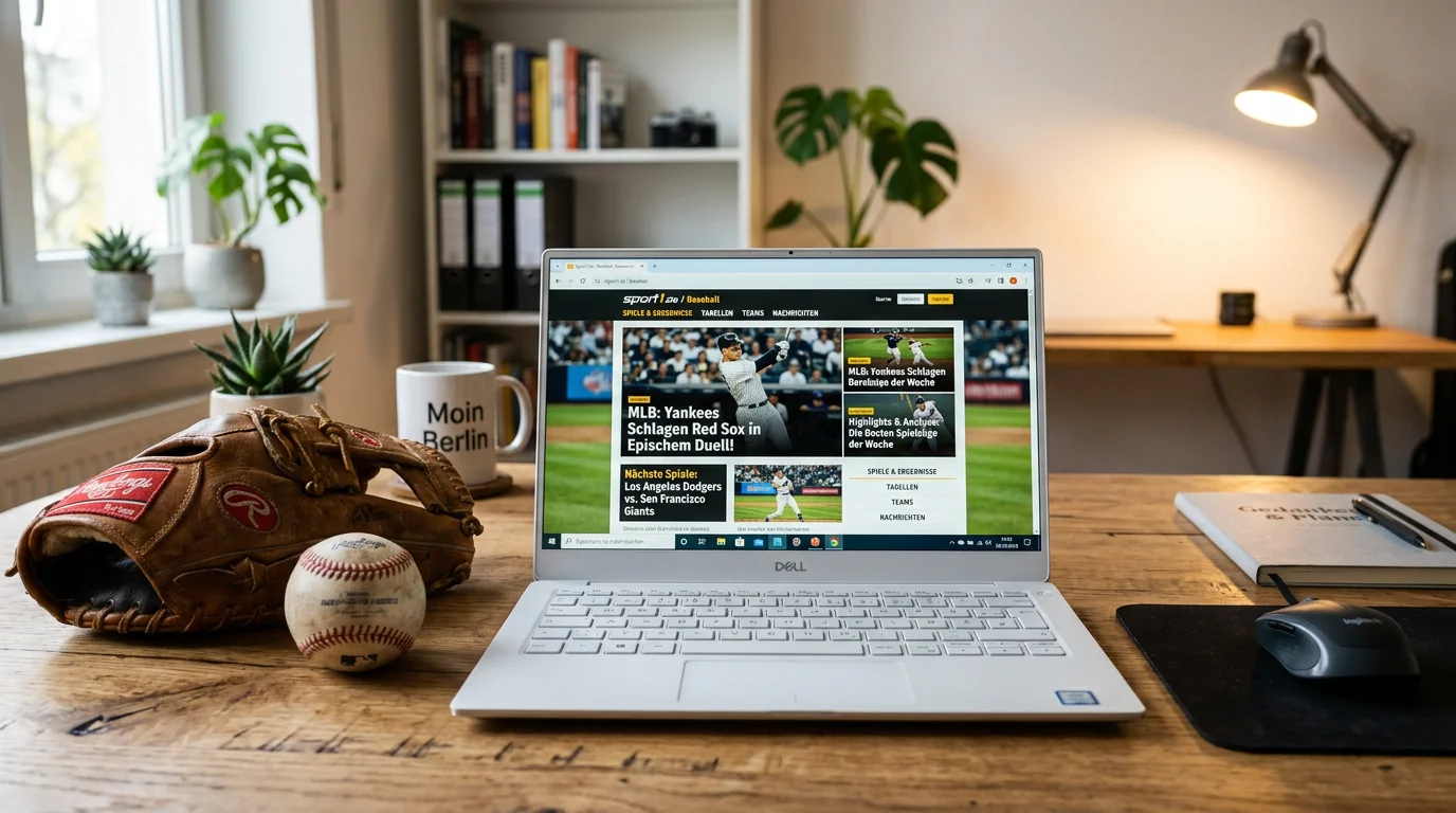Laptop mit Baseball-Wettanbieter-Seite neben Handschuh und Ball