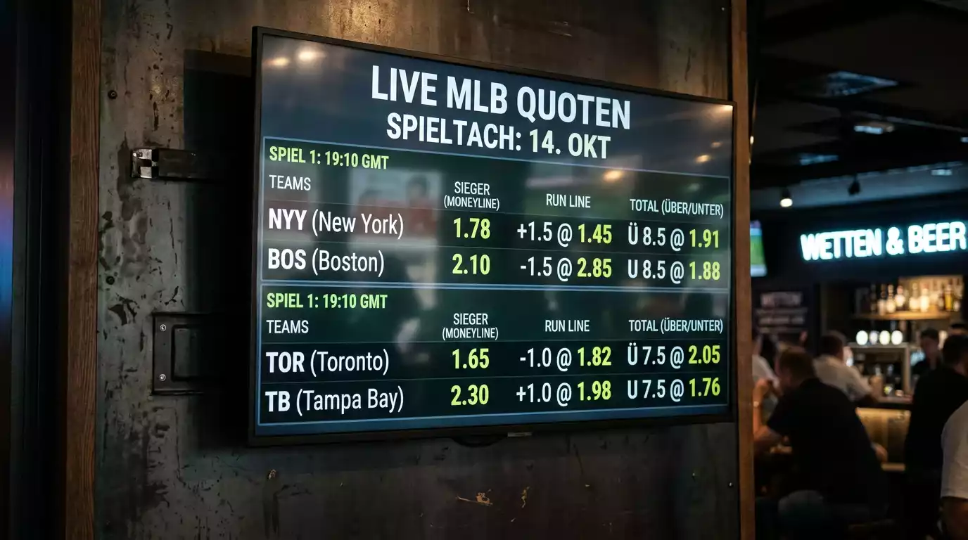 Baseball-Quotentafel mit Moneyline- und Run-Line-Quoten für ein MLB-Spiel