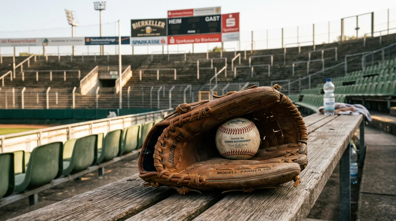 Baseball-Handschuh mit Ball auf einer Stadionbank für Anfänger
