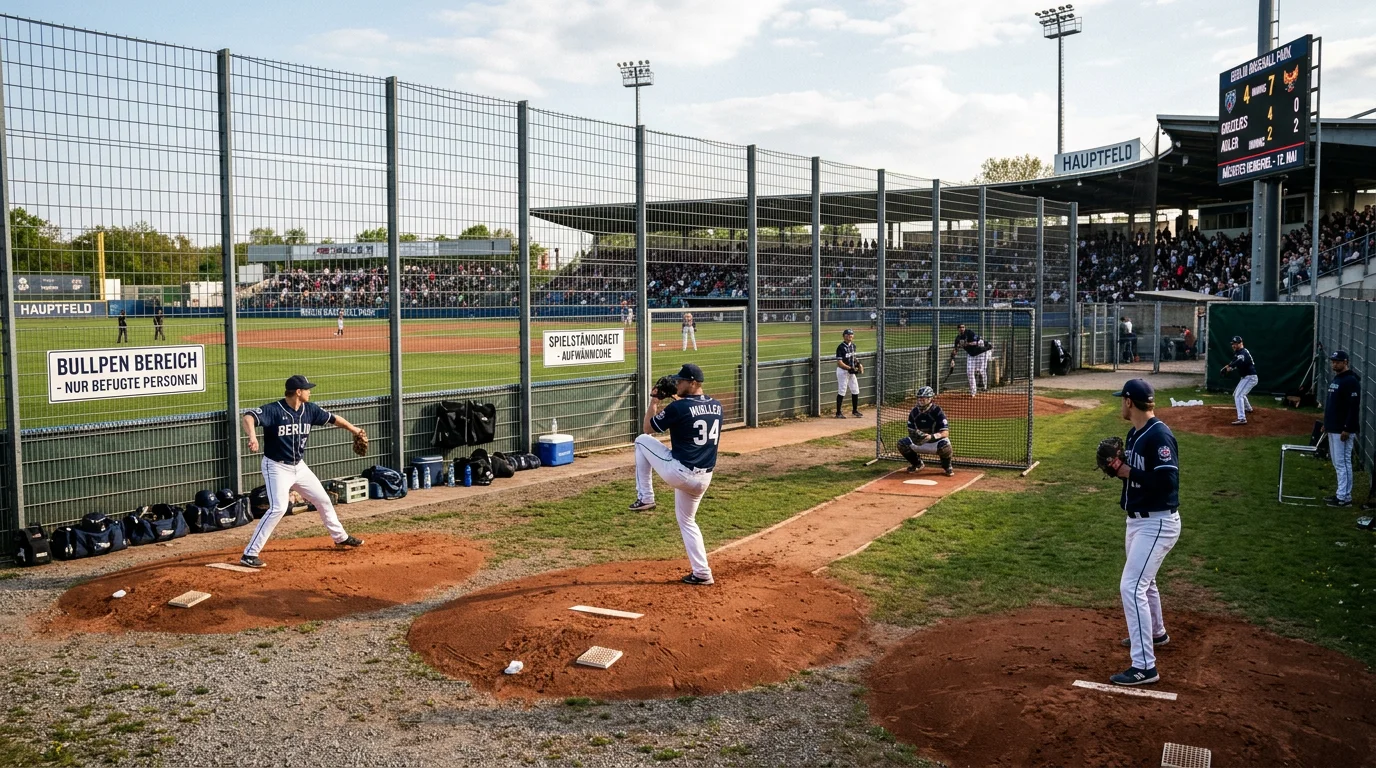 Baseball-Bullpen mit Reliever beim Aufwärmen für Late-Game-Analyse