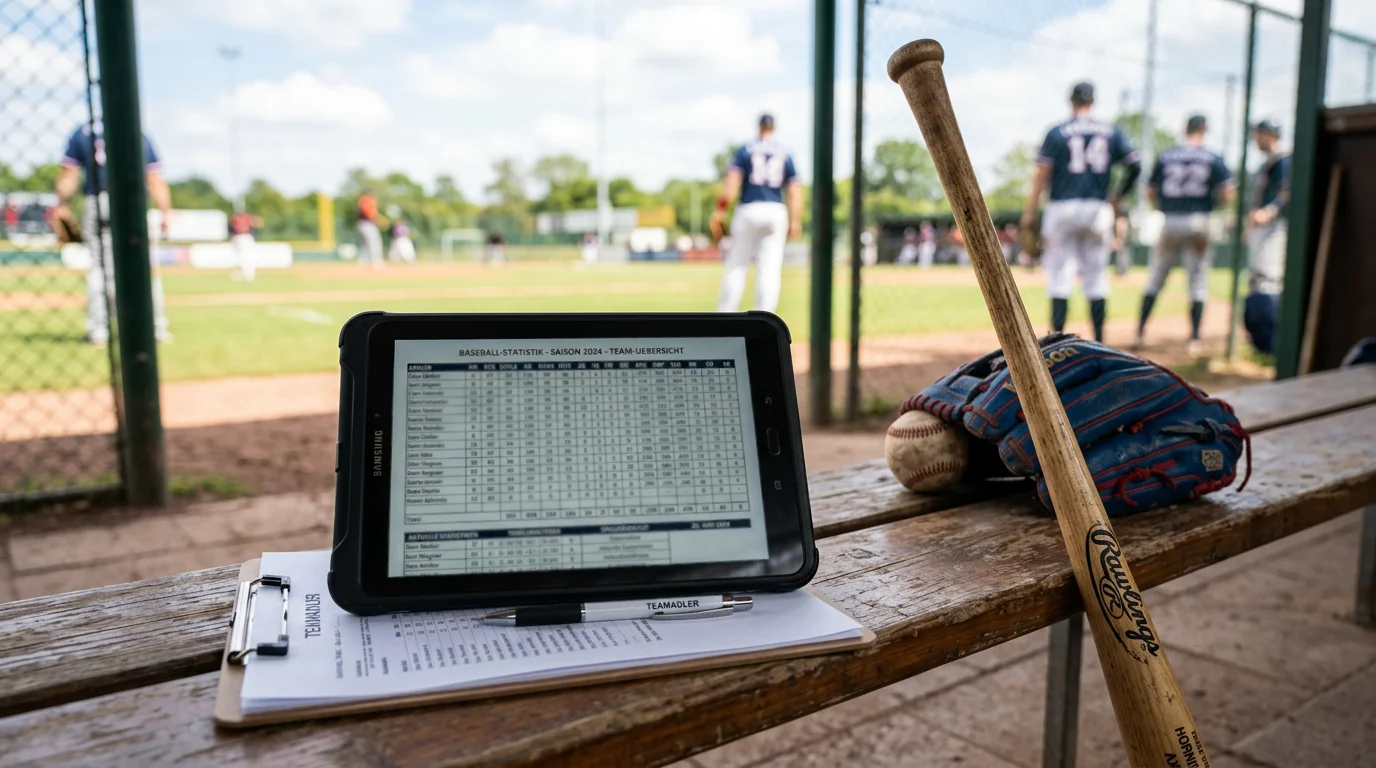Klemmbrett mit Baseball-Statistiken auf einer Dugout-Bank