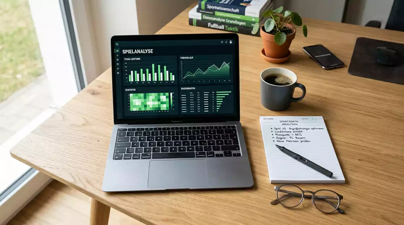 Laptop mit Sportwetten-Analyse auf dem Bildschirm neben einem Notizblock auf einem Schreibtisch